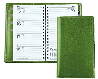 DELMON VARONE - Taschenkalender A6 2025 + 2026 veganem Kunstleder grün - Organizer Terminplaner (1 Woche auf 2 Seiten) klein - Kalender mit Wochenübersicht & Spiralbindung - Wochenplaner (nachfüllbar)
