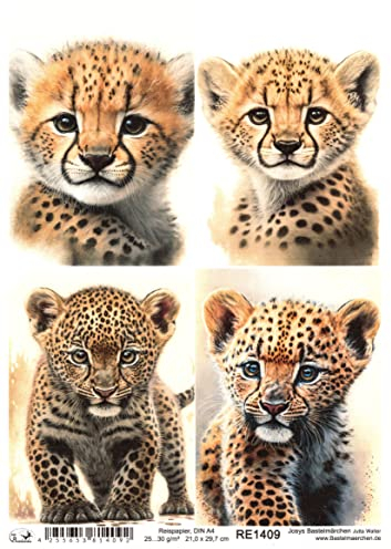 Josys Bastelmärchen Reispapier A4 Strohseide Decoupage Serviertentechnik Gepard Leopard Baby RE1409