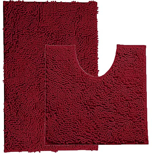 Pinkfairy Luxury Loop Chenille Bath Mat Sets - 2 Piece for Bathroom | Slip-Resistant Bath Mats Rugs, Extra Soft and Absorbent Anti Slip Shower & Bathtub Rug Sets (Deep Red)