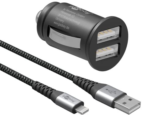 goobay 64804 Dual USB Port Auto Ladegerät USB Zigarettenanzünder Adapter 12V / 24V Kfz Mini USB Adapter Auto Ladestecker USB A Car Charger 15,5W inkl. 1m Lightning Kabel, Schwarz