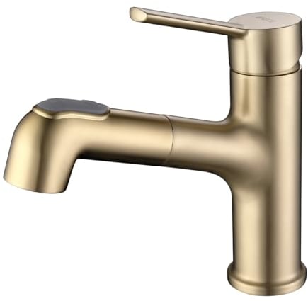 ONECE Wasserhahn Bad Gebürstetes Gold, Waschtischarmatur mit ausziehbar Brause, Mischbatterie Waschbecken Badarmatur aus Messing, Einhebelmischer Armatur für Badezimmer