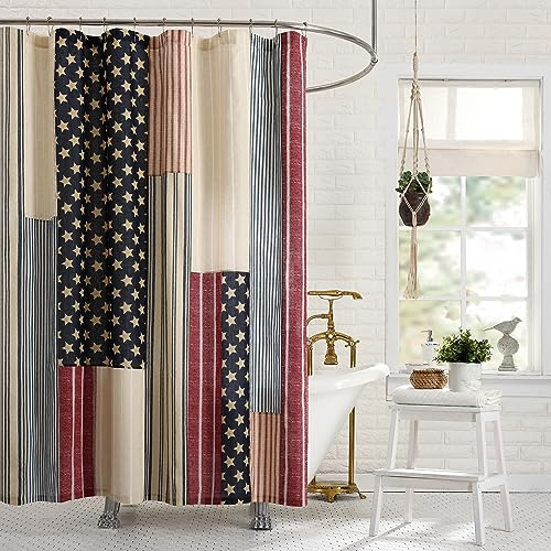 Modern Heirloom Americana Patchwork Fabric Shower Curtain, Machine Washable, 72 x 72, Red/Blue