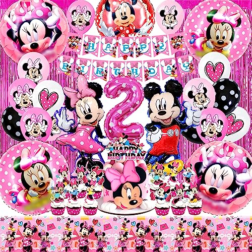 Palloncini Minni 2Anni,Kit Minni Compleanno Bambina, Compleanno Topolin Forniture per Feste, Minni Palloncini Decorazioni Compleanno con Minni Palloncini Foil, Cake Toppers, Mouse Tovaglia per Bambini