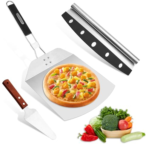Pelle a Pizza, MXTIMWAN Kit Pelle Pizza en Inox, Pelle a Pizza Coulissante avec Poignée Pliable, Pizza Peel set avec Coupe Pizza et Pelle à Tarte à Pizza pour Pizzas,Tarte Flambée, Barbecue et Pain