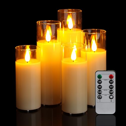 FREEPOWER 5er LED Kerzen Echtes Glas, Echtwachs, Batteriebetrieben Flammenlose Stumpenkerzen mit Fernbedienung Timer Flackern Elektrische Warmweißes Licht, Ø5.3 x 13/14/16/18/20cm