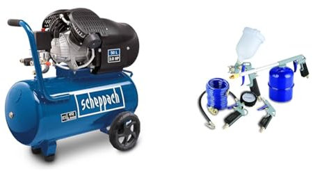 Scheppach Compresseur à air HC53DC | Compresseur bicylindre | 2200W | Cuve 50L & MICHELIN 1126000726 Kit Air Comprimé-5 Pièces (Inclus Soufflette Bec Court, Gonflage, Peinture, Pistolet de Nettoyage