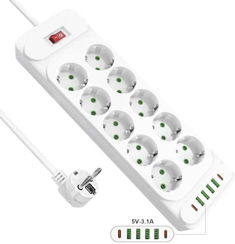 Steckdosenleiste mit 4 USB, Mehrfachsteckdose mit 2 USB C, Verteilersteckdose Wandmontage, Steckerleiste mit Schalter, 10 Fach Power Strip, Mehrfachsteckdosen mit 2M Kabel - Weiß