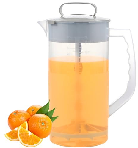 Mixing Pitcher for Drinks, 2000ml Leak-Proof Mixing Water Pitcher with Lid, Wide Mouth Juice Mixing Container with Plastic Blades & Mixer Plunger, Sealing Beverage Mixing Container for Juice Tea Milk
