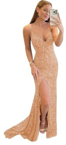 Générique Robe De Bal SirèNe à Paillettes pour Femmes Fente Longue Col en V Bretelles Spaghetti Robes De MariéE Formelles Rose Gold L