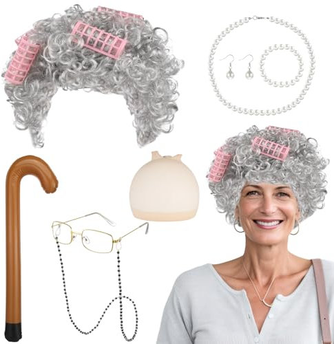 patinadrif 9 Stück Oma Kostüm Alte Frau Set Großmutter mit Oma Perücke Grau Perücke Kappe Spazierstock Brille Brillen Ketten Armband Perlenkette Ohrringe für Halloween Karneval Cosplay Zubehör