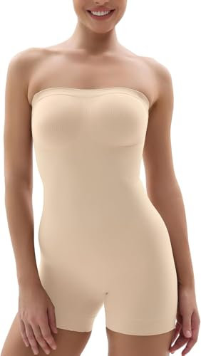 SHAPERX Strapless Bodysuit Shapewear for Women Tummy Control Seamless Sculpting Body Shaper with Removable Straps, UK-SZ5217-2-Beige-S/M