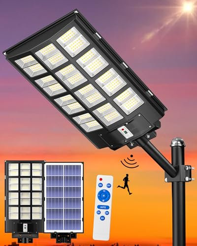 Gefolly SL-6000W Solaire Exterieur Lampadaire-600000LM Lumière Solaire avec Télécommande, 6500K Crépuscule à l'Aube Étanchéité IP67 Projecteur Solaire Exterieur Pour Rue Garage Éclairage Public