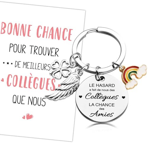 Kit de Cadeau Départ Collègue Porte Clé Personnalisé Porte Clef d'Amitié Pendentif Collegue de Travail forme Ailes Trèfle Arc-en-ciel et Carte Voeux Enveloppe Cœur Remerciement de Cadeau Femme Homme
