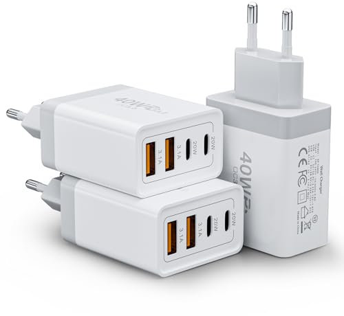3-Pack Enchufe Cargador USB C, 40W 4-Puertos USBC Cargador Carga Rapida para iPhone 16 15 14 13 12 11 Pro MAX SE XS X 8 7 iPad Samsung, Mobile, Tablet, Cargador Movil Multiple con Tipo-C USB-A