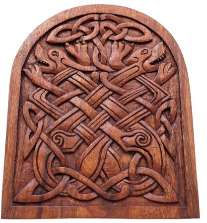 Wolfs Wanddeko GERI & FREKI 30 cm Vikings Holzbild mit Knotenmuster Handarbeit Holz