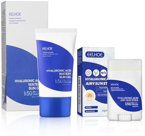 Hyaluronic Acid Watery Sun Gel, SPF/LSF 50+ Sunscreen, Hyaluronic Acid Airy Sun Stick, Sonnencreme für Gesicht mit Hyaluron, Waterproof, Nicht Fettend, Tägliche und nachträgliche