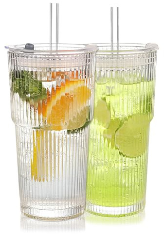 WeirdUncle Ribbed Glass Tumbler with Lids and Straws, Vintage Clear Glass Cups, Large Capacity, Unbreakable, Fluted Design, Ideal for Water, Iced Coffee, Juice, Tea, Latte, Gift (2pc 20oz)
