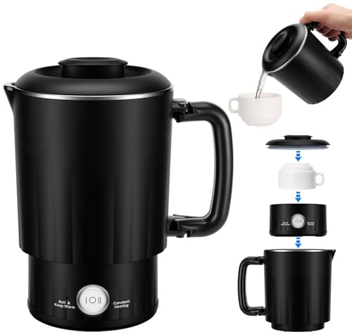 PAHTTO Foldable Travel Kettle Made of Stainless Steel, 800 ml, Portable Electric Kettle with Ceramic Cup, 5 Minute Heating, Perfect for Family, Travel, Hotel, Camping and Hiking (Black)