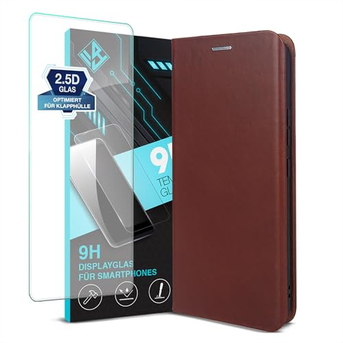 phase9 Echtleder Handyhülle für Samsung Galaxy A17 / A17 5G mit 9H Displayglas Klapphülle Leder Case Hülle Magnet RFID-Schutz Kartenfächer Geldfach Standfunktion Schutzhülle Datenschutz Braun