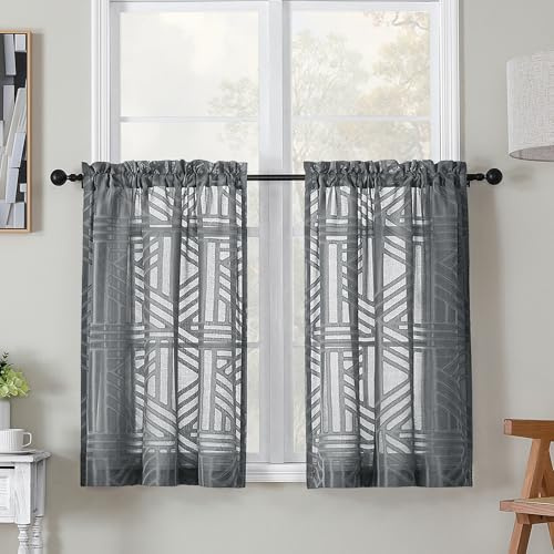 Simplebrand Semi Sheer Charcoal Grey Curtains 36 Inch Length 2 Panels, Geometric Jacquard Clip Textured Short Sheer Curtains for Bedroom?Modern Elegant Window Curtains/Drapes/Treatment, 28x36 inch