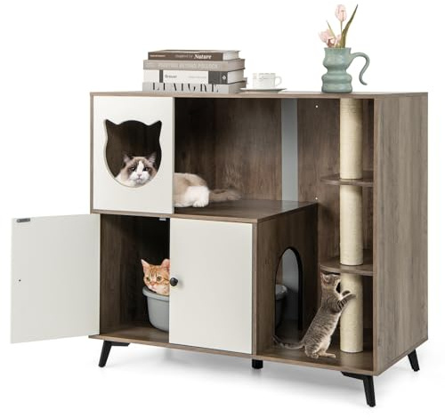GYMAX Katzenklo Schrank, 5-in-1 Katzenschrank mit Katzenhaus, Sisalstamm & Katzenklo, Katzentoilette Schrank für 2 Katzen 100 x 51 x 91 cm