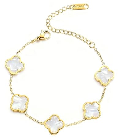 18K Goldplattierte Vierblättriges Kleeblatt Armband Lucky Kleeblatt Schmuck | 17-22 cm Luxuriöses Glücksarmband,Valentinstag Muttertag Weihnachten Geschenk für Frauen Weiß, Gold