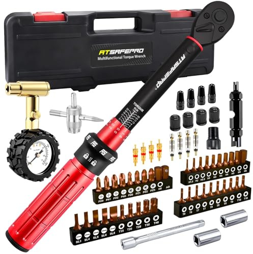 ATsafepro 61-teiliges 1/4 1-25 Nm Drehmomentschlüssel Fahrrad Set, Reifendruckprüfer 11 Bar, ±3% Genauigkeit, 72Z 2-Wege Ratsche, Ventilschlüssel, 40 Bits, Verlängerung, Adapter für MTB E-Bike Motorr
