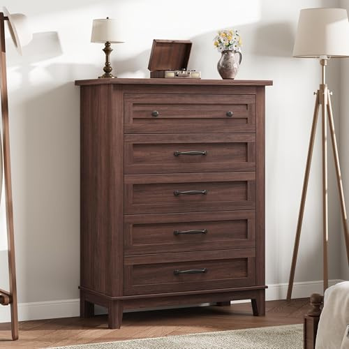 RBFGYIOP Großer Stauraum – Schlafzimmer-Set mit 5 Schubladen aus Holz – freistehendes vertikales Design – 105 cm hoch – ideal für Kleidung und Wäsche – Walnuss-Finish, Metallgriffe –