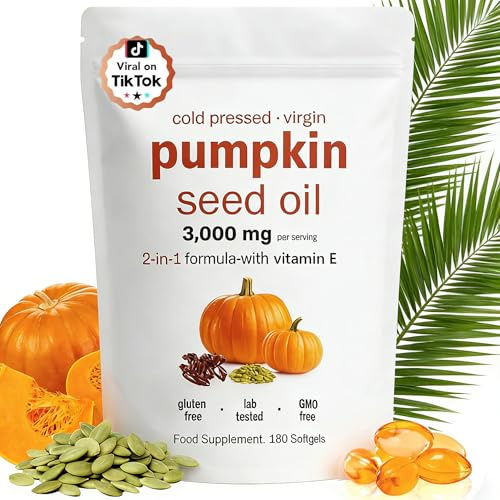 Pumpkin Seed Oil Capsules, 180 Softgels | Cold-Pressed 4:1 Extract 3000mg | Supports Prostate, Bladder & Hair Health | Rich in Omega 6&9, Phytosterols | Non-GMO, Gluten-Free