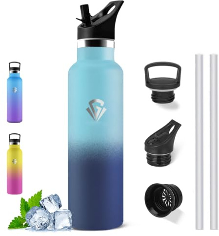 Gourde Isotherme- 1l- Gourde avec Paille, sans BPA, Bouteille Isotherme | Anti Fuite, 24h Froid & 12h Chaud, 18/8 Acier Inoxydable, Double Isolation, Bouteille d'eau pour Randonnée/ Camping