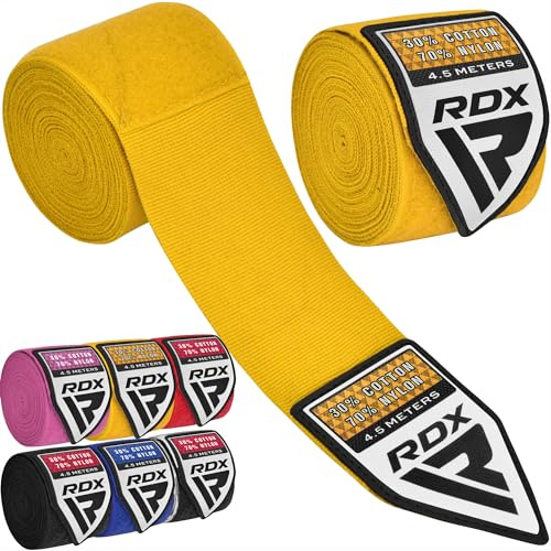 RDX Boxing Hand Wraps 4.5M / 180 Inches – Mexican Style Semi-Elastic MMA Inner Gloves - Wrist Support for Muay Thai, Kickboxing, BJJ, Karate - Thumb Loop & Hook and Loop Closure - Cotton & Nylon Blend