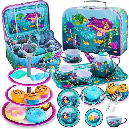JOYIN Juego de 35 Piezas de Fiesta de té de Sirena para niñas pequeñas, Juego de Tetera de Lata, Juguete de Cocina de Princesa con Postre, Regalos de cumpleaños para niños pequeños de 3 4 5 6 años