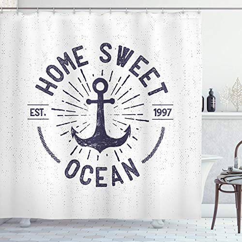 ABAKUHAUS Anker Duschvorhang, Startseite Ozean Wörter, Stoffliches Gewebe Badezimmerdekorationsset mit Haken, 175 x 180 cm, Marineblau Weiß