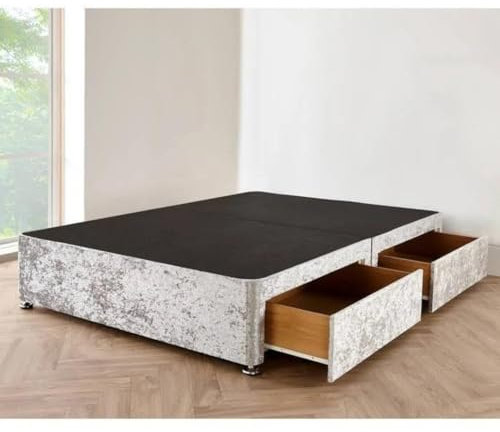 Divan Beds Deals - SpaceMax Silver Crushed Velvet Bed Base | Headboard-Free Design, Mattress Not Included | Luxurious Divan Base With 2 Storage Drawers (4FT6 Double)