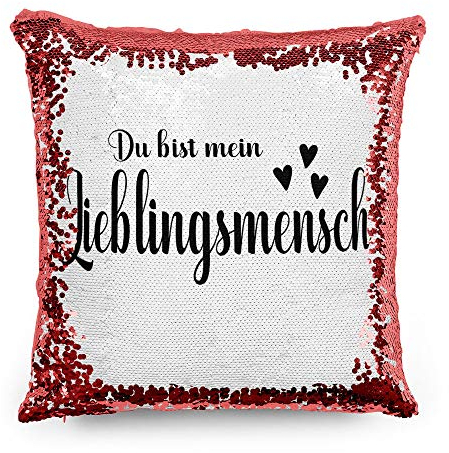 Tassendruck Pailletten-Kissen mit Spruch Du bist Mein Lieblingsmensch - Verliebt/Liebe/Geschenk-Idee/Paar/Kissenbezug inkl. Kissenfüllung/Farbe: Rot