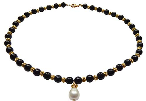 Kette Collier Onyx-Steine schwarz Süßwasser-Perle weiß Perlen-Kette Silber vergoldet Handarbeit Unikat Italien Antik-Look Vintage Retro Geschenk hochwertig
