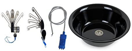 Edelstahl Spülbecken Dunkel Camping Spüle Waschbecken 28 cm Ø + Barwig Wasserhahn schwarz/chrom + 12v Tauchpumpe (ad-ideen)