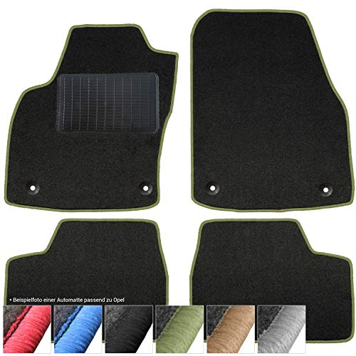 moto-MOLTICO Fußmatten Auto - Velours Autoteppiche passend für Opel Corsa C (2000-2006) - 4-teiliges Set - Schwarze Automatten mit Grünen Ziernähten