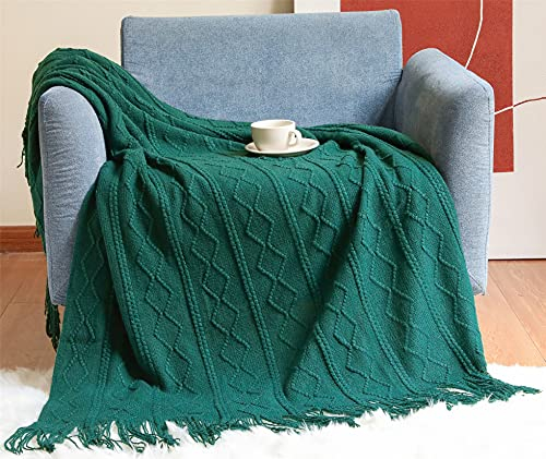 Hayisugal Wohndecke Boho Decke Weich Strick Wolldecke mit Quaste Kuscheldecke Sofadecke Couch Decke Überwurfdecke, Dunkelgrün, 130 x 150cm
