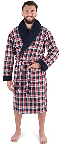 John Christian Vestaglia Uomo in Caldo Pile e Cotone, Motivo a Quadri Blu, Rosso, Bianco (L)
