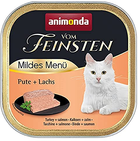 animonda vom Feinsten Mildes Menü Pute + Lachs (32 x 100g), getreidefreies Katzenfutter nass ohne Zucker, leicht verdauliches Katzenfutter mit Putenfleisch