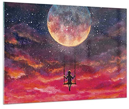 Moderne Impression sur Verre 100x70cm Image Tableau en Verre Decoration Murale Lune Balançoire Femme Grand Tableaux Decoratifs Muraux Chambre Cuisine Horizontal Deco Cadre Salon Art GAA100x70-5095