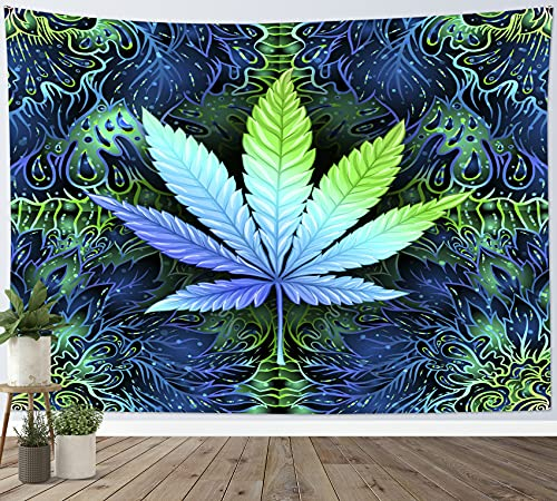 AUEEA Trippy Weed Tapestry Marijuana Cannabis Leaf Wall Tapestry Psychedelic Botanical Plant Tapestries Wall Hanging Blue Green Hippie Aesthetic Cool Poster for Bedroom Room Dorm Decor,60x40 Inch