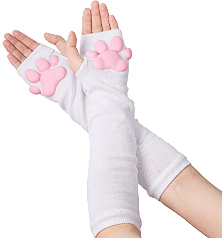 SIROLISA 3D-Silikon-Katzenpfoten-Fäustlinge, weiße Handschuhe, süße Katzenpfoten, Zehen, Bohnen, Socken, hohe Strümpfe für Frauen, Mädchen, Halloween, Weihnachten, Cosplay