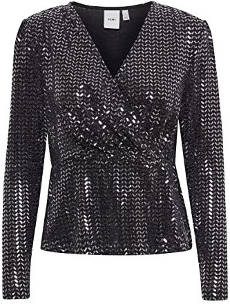 ICHI IHPORTER LS Damen Lange Bluse Langarm Wickelbluse mit Glitzer-Optik V-Ausschnitt Regular Fit, Größe:S, Farbe:Black (194008)