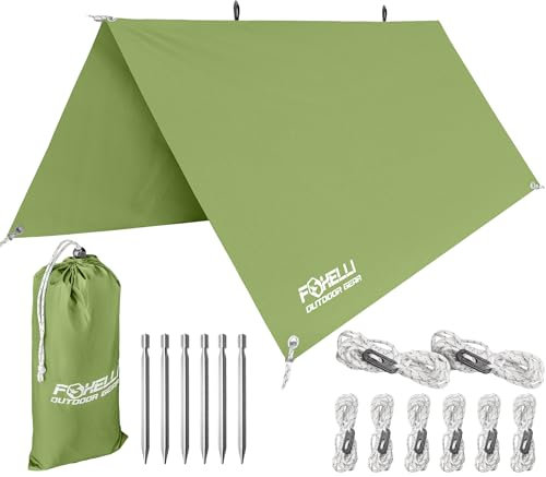 Foxelli Hamaca de lluvia – Tienda de campaña ligera impermeable y lona de lluvia para camping, mochileros con fácil instalación, incluyendo cuerdas y estacas extra largas