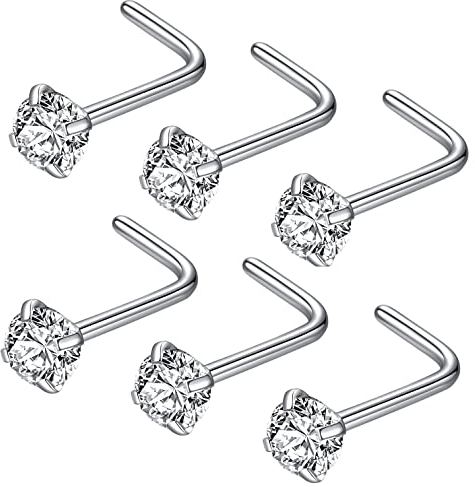 JOYMORE 20g 3.0mm Clear CZ 6pcs 316L Surgical Steel Nose Ring Studs L Shaped Nose Studs for Women L-Shape 20 gauge Stainless Steel Nostrial Piercing Nose Rings