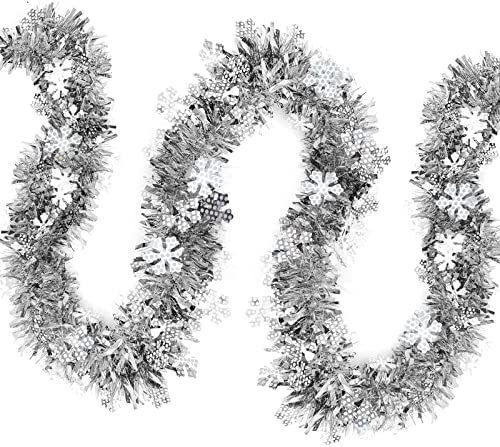 JSRHEEM 3 Stücke Weihnachtsgirlande, 2M Weihnachten Lametta Girlande mit Schneeflocke,Metallic Garland Glitzernde Hängende Dekoration für Weihnachtsbaum Kranz Hochzeit Party Silber