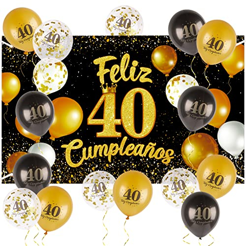 Decoración 40 Cumpleaños Pancarta Grande Feliz 40 Cumpleaños Español + 15pcs Globos Photocall 40 años Fiesta Cartel Oro Negro