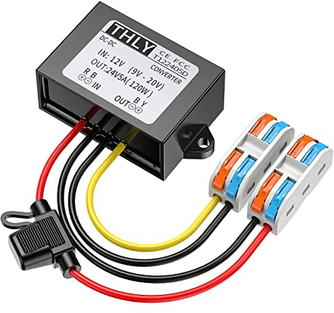 Da 12V a 24V Trasformatore, Convertitore DC DC 12 a 24V 5A 120W Convertitore Con Fusibile Impermeabile e Connettori Elettrici a Cablaggio Rapido, per Carri a Motore Veicolo/Barca (Accetta DC9-20V)